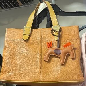 Tan Leather Tote Bag with Horse Charm